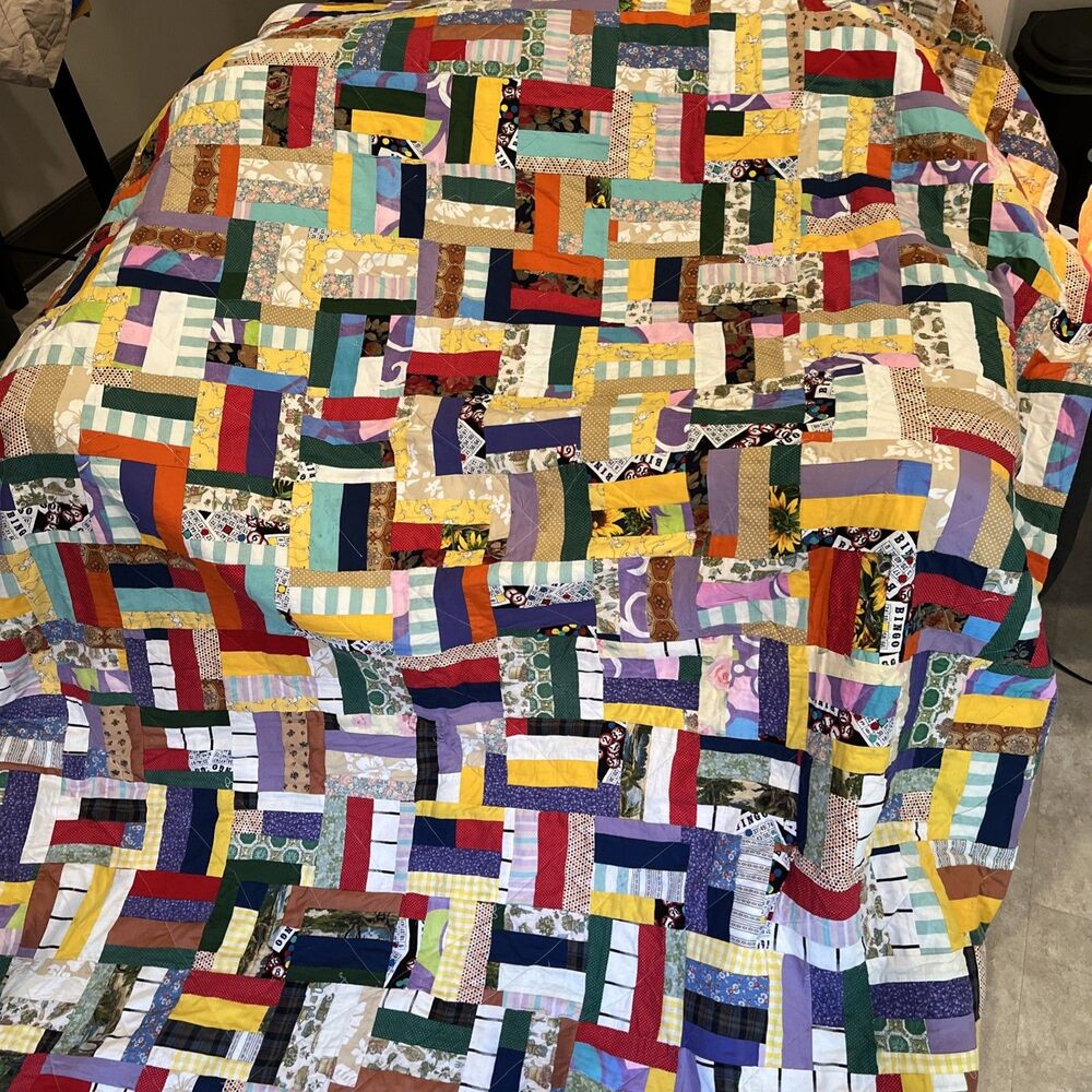 Vintage Handmade Scrappy Quilt 80" x 88"